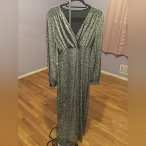 Silver sparkly long dress with back split.